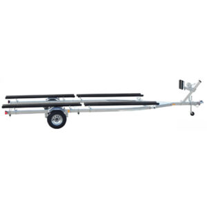 A large galvanized boat trailer with winch.