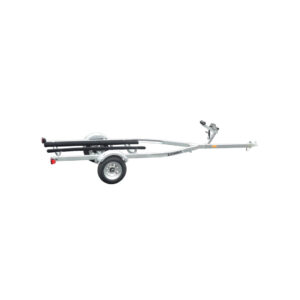 A small aluminum boat trailer with bunks.