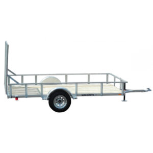 UT6514SS | Price: $2,522 | Galvanized Tube Frame, 3,500 lb GVWR, 6.5‘ x 14’ Deck, PT 2”x 8” Plank, Solid Side, 5’ Mesh Ramp 